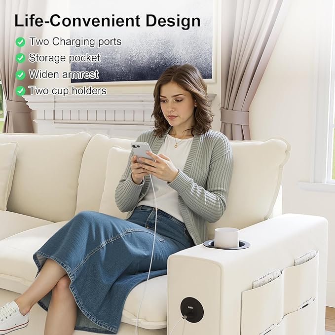 116 Modular Sectional Sofa L Shaped Cloud Couch with Movable Ottoman Chenille Deep Seat Cloud Sofa with Charging Station Cup Holder Side Pocket Sectional Couches for Living Room Beige