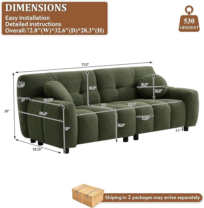 73 Boucle Cloud Sofa Couch with 2 Soft PillowsComfy Upholstered Teddy 2 Seater LoveSeat SofaModern Deep Seat Sherpa Cloud Couch Oversized Loveseat for Living Room Bedroom ApartmentOlive Green