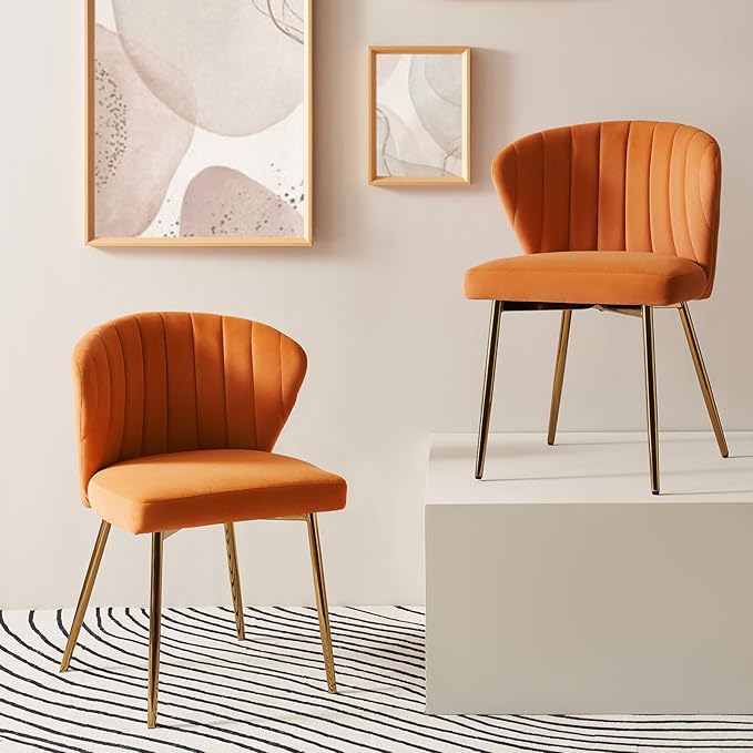 HULALA HOME Dining Chairs Set of 2 Velvet Upholstered Kitchen &amp Dining Room Chairs with Metal Legs Vanity Chair Armless Side Chairs for Living Room Bedroom Restaurant Channel Curved Backrest Ora