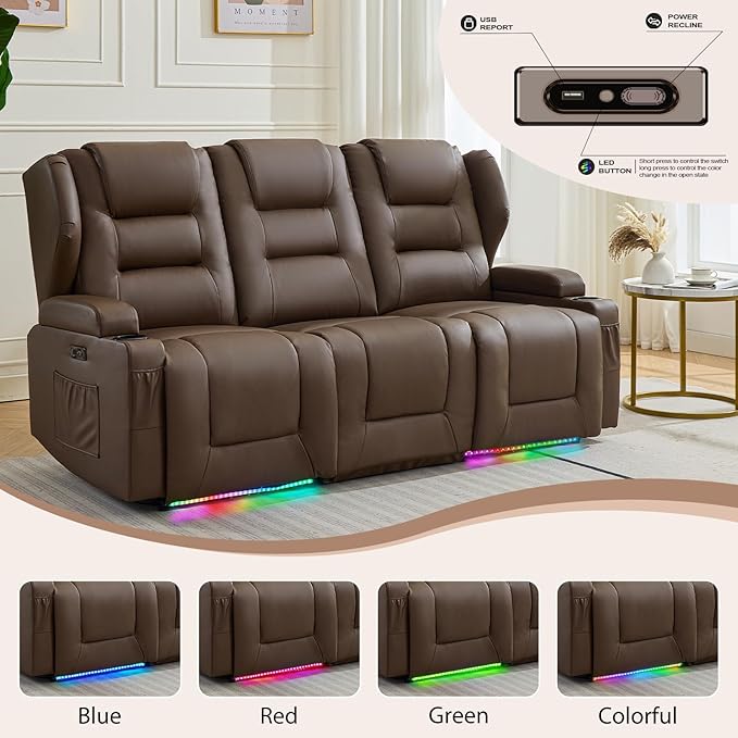 3-Seater Power Recliner Sofa Couch Flip Middle Backrest Reclining Sofa Chair for Living Room with Charging Station/Cup Holders/LED Ambient Light