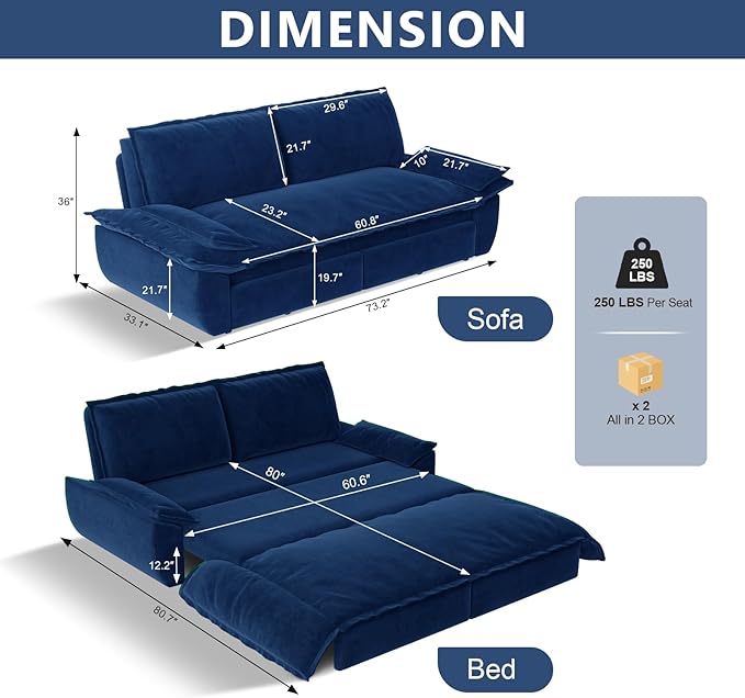 73.2 Queen Size Sofa Bed 3 in 1 Convertible Pull Out Sleeper Sofa with Thicked Cushions and Side Storage Velvet Loveseat Couch for Home Living Room Bedroom Apartment Lounge Small Spaces Blue