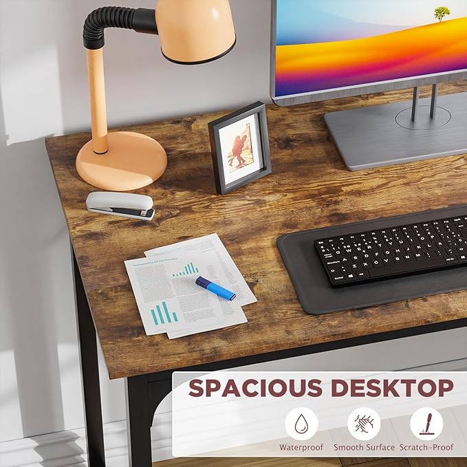39 inch Computer Desk for Small Spaces Wood Desk Office Desk Writing Desk with Metal Frame &amp Adjustable Feet Modern Simple Computer Table PC Desk for Bedroom Home Office Brown Desk