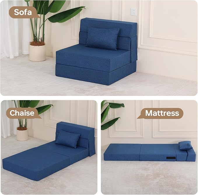 Folding Sofa Bed Foldable Sleeper Chair with Pillow Convertible Fold Out Chair Bed with Washable Cover Foldable Mattress for Living Room Bedroom Guest Room Single Size Blue