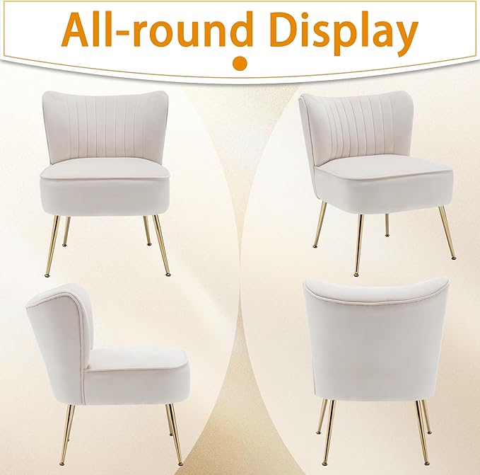 ABET Accent Chairs Set of 2 Velvet Armless Living Room Chairs with Tufted Wingback Thicken Cushion Gold Metal Legs Comfy Upholstered Side Chairs Slipper Chairs Club Chairs for Bedroom Beige