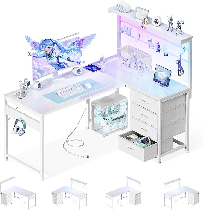 MOTPK 43” L Shaped Gaming Desk for Small Rooms Compact Corner Computer Table with Shelf &amp Hutch 4 Drawers Reversible Study Table with LED Light Power Outlets &amp USB Ports Home Office Table