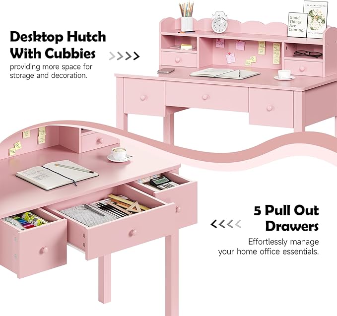 Pink Writing Desk with Hutch &amp 5 Drawers - 40 Inch Modern Computer Workstation for Home Office Teen Desk Small Study Desk Ideal for Gift