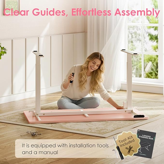 OffiGo Electric Height Adjustable Standing Desk 48 Inch Pink Computer Desk for Women Girls Sit Stand Table for Home Office Bedroom
