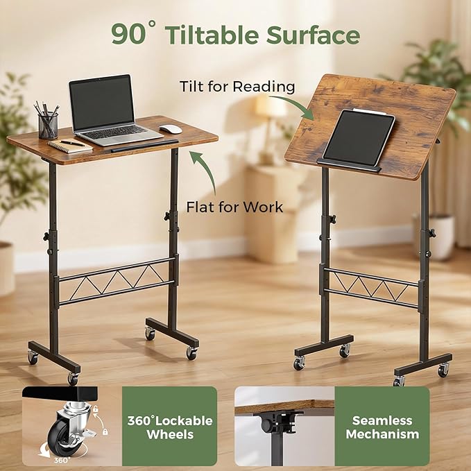GTPLAYER Small Standing Desk Adjustable Height 30.7-46.4 Portable Computer Table Mobile Desk Workstation Stand Up Desk with Wheels Compact Rolling Table for Home Work Treadmill Walking Pad Brown