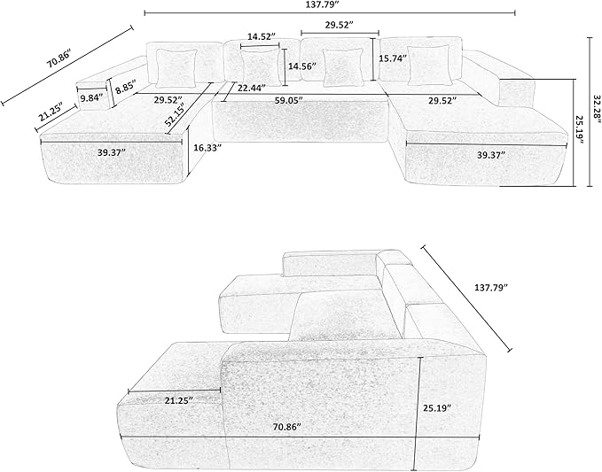 137.8 X 70.9 U Shape Modular Sectional Sofa Corduroy Fabric Oversized Sectional Couch 6 Seat U Shaped Couch with 4 Pillows for Living Room Bedroom Office No Assembly Require