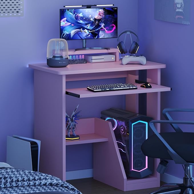 30 Inch Gaming Desk Computer Desk with Keyboard Tray Monitor Stand Storage Shelves CPU Stand Industrial Small Desk for Small Spaces Home Office Desk Pink