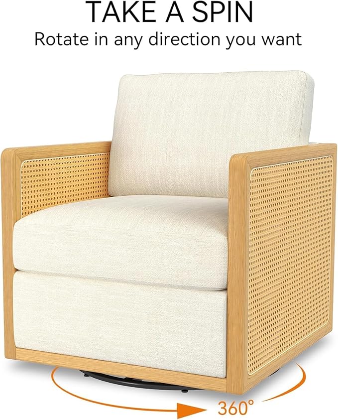 Swivel Barrel Chair Premium Rattan Comfy Round Accent Chair for Living Room Mid Century Modern Reading Chair for Adults Armchair for Small Spaces Bedroom Side Chairs for Home/Office/Cream Linen