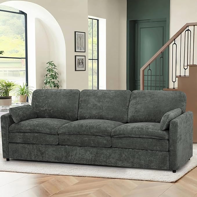 89” Chenille Sofa w/Arm Pillows Upholstered 3-Seater Sofa w/Comfortable Back Cushions Modern 3 Seats Couch w/High-Density Foam for Living Room Apartment Office Grey