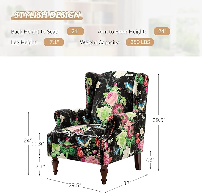 HULALA HOME Wingback Accent Chairs Set of 2 with Floral Pattern Design Traditional Fabric Armchairs with Nailhead Trim and Retro Wooden Legs Black