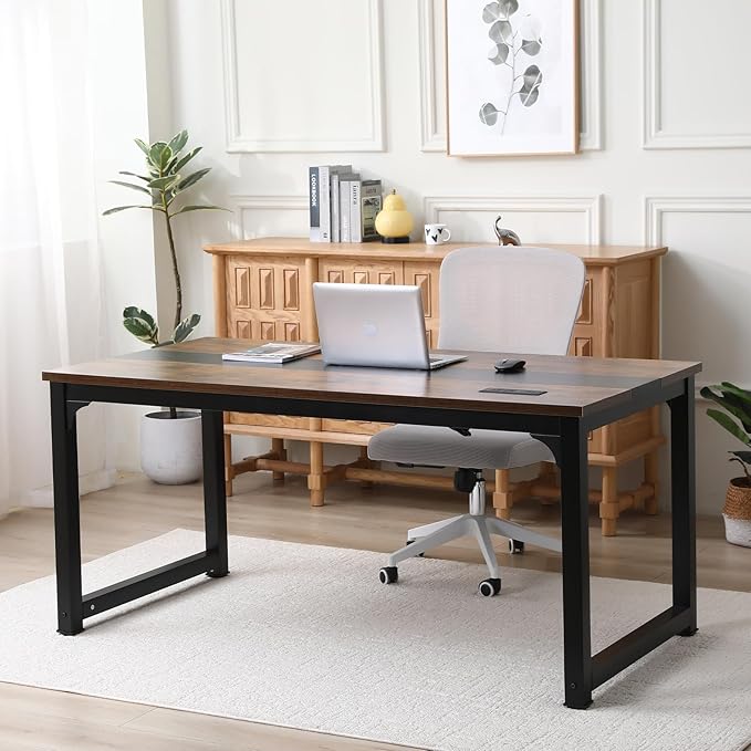 Large Computer Desk - 63 Inch Home Office Desks Study Student Writing Table Gaming Desk Wood Modern Simple Table with USB Ports Rustic + Black