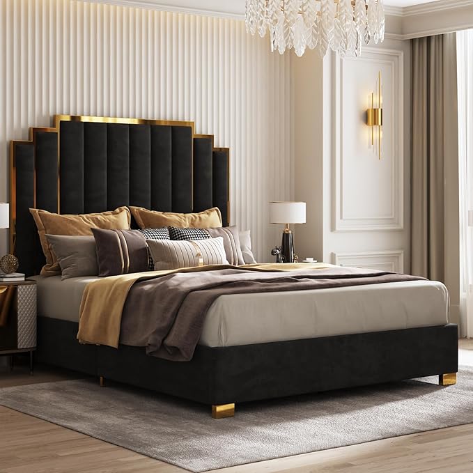 AMERLIFE King Size Upholstered Bed Modern Velvet Bed Frame with 65.4” Tall Gold Trim Headboard No Box Spring Needed Black