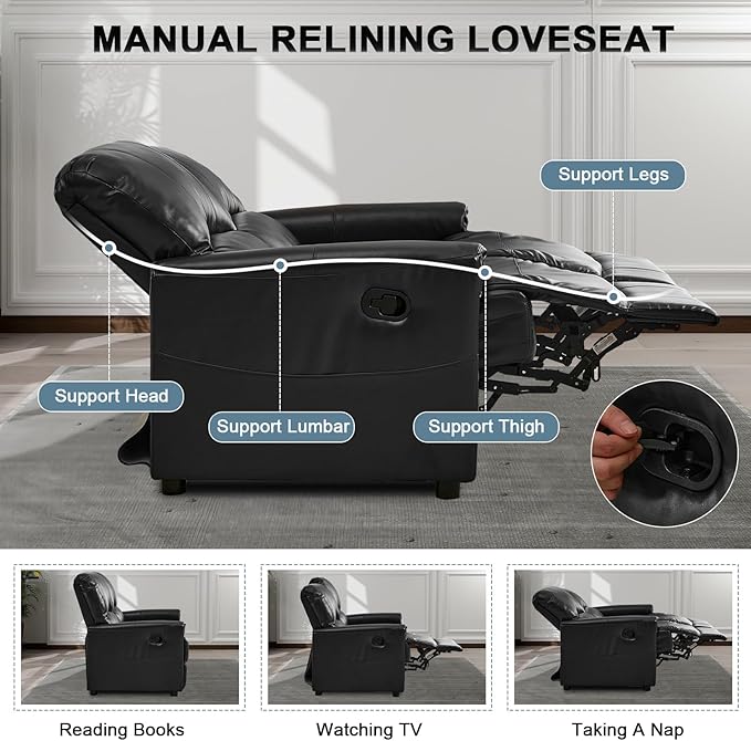 48 Manual Recliner Chair Set PU Leather Upholstered Reclining Sofa Chair with Cup Holders Side Pockets for Living Room Furniture Rest Reading Watching TV (Black Loveseat)
