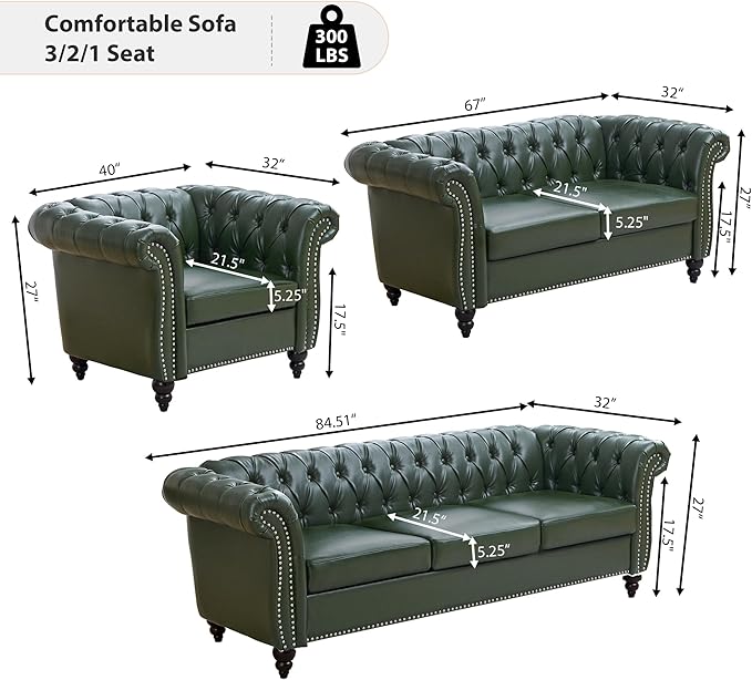 AVZEAR 84 Chesterfield Sofa Vintage Green 3-Seater PU Leather Couch Mid-Century Modern Faux Leather Sofa Button Tufted Back with Rolled Arms for Large Living Room Apartment Green