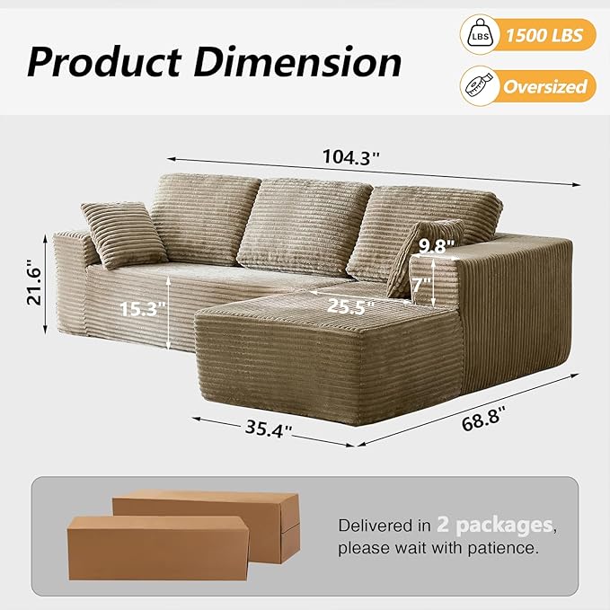 104” Modular Sectional Couch Modern Cloud Sofa with Chaise Deep Seat Upholstered Sofa for Living Room or Apartment No Assembly Required (Camel L Shape with Right FacingChaise)