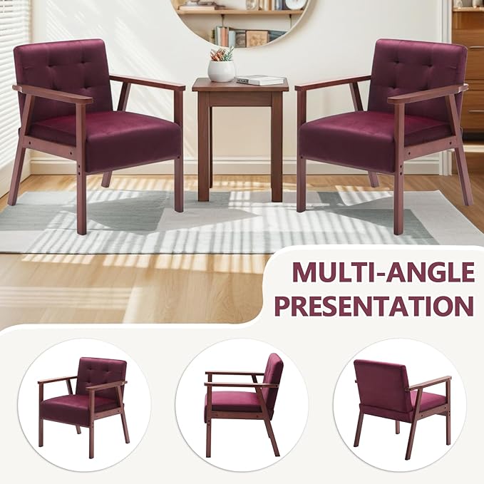 Anwick Mid-Century Accent ChairModern Velvet Living Room Chair with Solid Wood FrameComfy Armchair Lounge Reading Chairs for Bedroom Office Small Spaces (Wine Red)