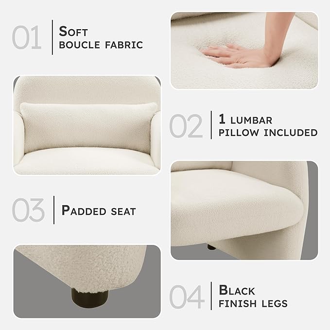 Lexicon Modern Accent Single Sofa Chair with Square Armrest Boucle Fabric Upholstered Comfy Reading Chair with Lumbar Pillow for Bedroom/Living Room/Office Beige