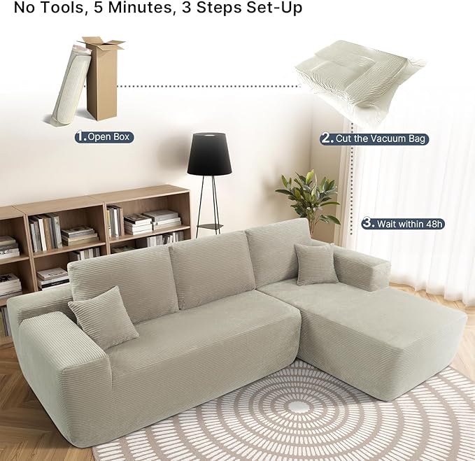 105 L-Shaped Boneless Couch Cloud Sectional Couches for Living Room Corduroy Sleeper Sofa with Chaise Modular Sectional Sofa Bed No Assembly(CamelRight)