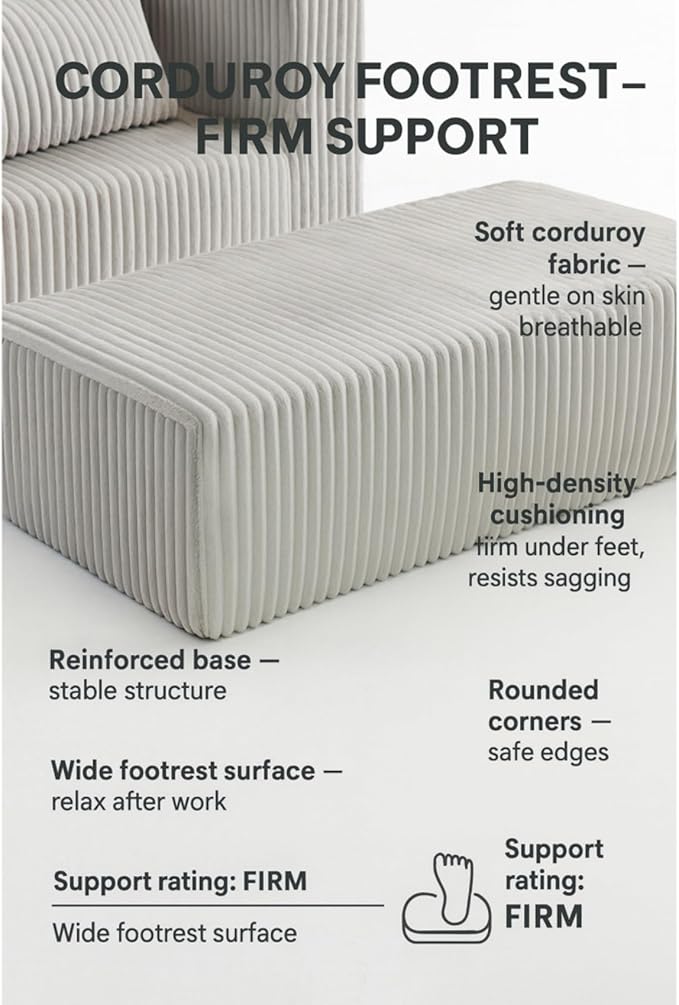50.98'' Corduroy Boneless Couch with Square Armrests and 2 Cushions Modern Luxury Compressed Sofa Couch with Movable Ottoman No Assembly Required Living Room Apartment HotelSmoke Grey