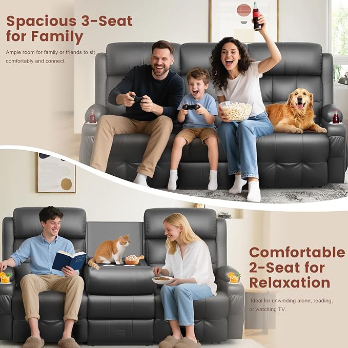 Recliner Sofa Massage Reclining Sofa 3 Seater Sets Heavy Weight Capacity RV Loveseat Couch Clearance with Flip Back Console Storage Cup Holders Wall Hugger Reclining Couch for Living Room