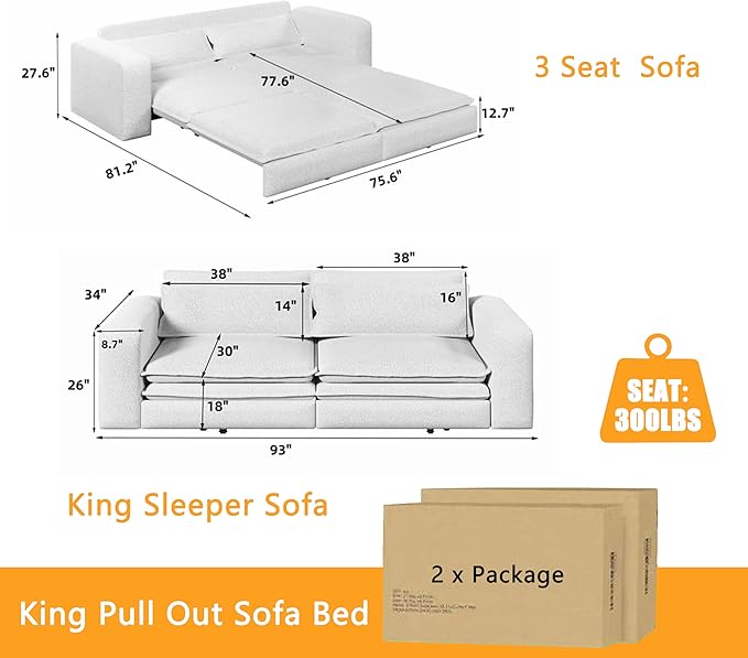 93 King Pull Out Sofa Bed 3 in 1 Convertible Sleeper Sofa Couch Comfy 3 Seater Sleeper Bed with 2 Pillows Modern Upholstered Teddy Futon Couches for Living Room Bedroom Apartment Beige