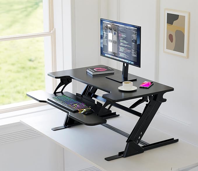 Standing Desk Converter 36 x 24 Inches - Height Adjustable Sit to Stand Riser with Keyboard Tray Ergonomic Workstation for Home Office Black
