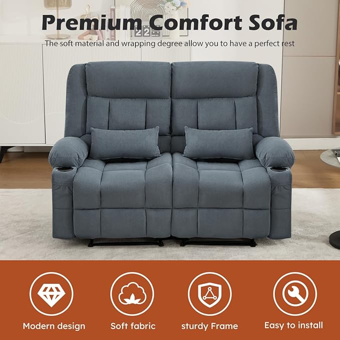 Recliner Loveseat with Cup Holders for Living Room Love Seat Manual Oversized Recliner with Ergonomic Side Pocket for Adult (Blue Double)