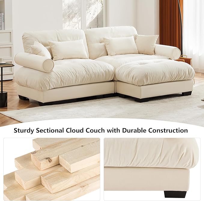 Aoowow Oversized 2 Seater Cloud Sofa Couch with Ottoman for Living RoomLarge Modular Sectional L-Shaped Cloud Sofas Deep SeatModern Velvet 2 Seat Couches Lounger SleeperTufted