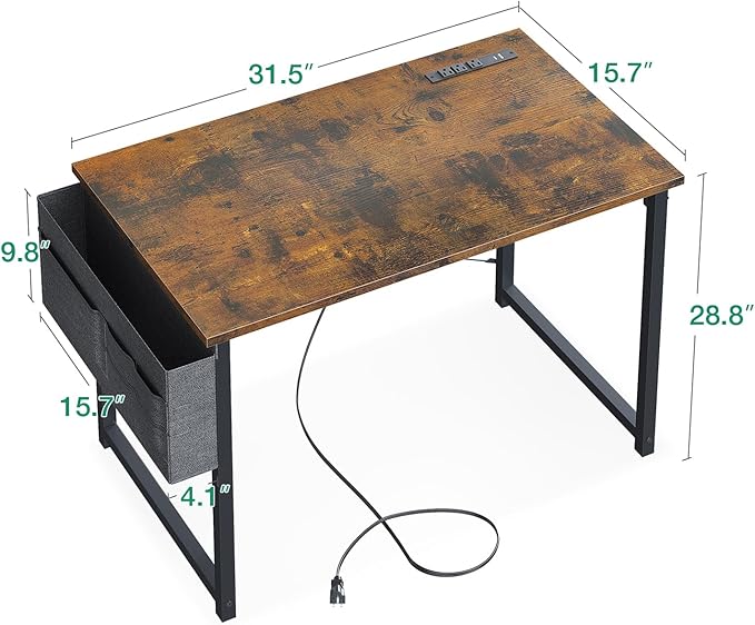 AODK 32 inch Small Computer Desk with Power Outlet for Small Spaces Home Office Student Laptop PC Writing Desks with Storage Bag Headphone Hook Vintage