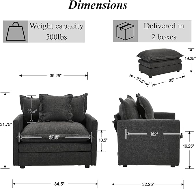 Oversized Chair with Ottoman Upholstered Comfy Single Sofa Chaise Lounge Chair Indoor for Reading Living Room Bedroom Office(Linen Black)
