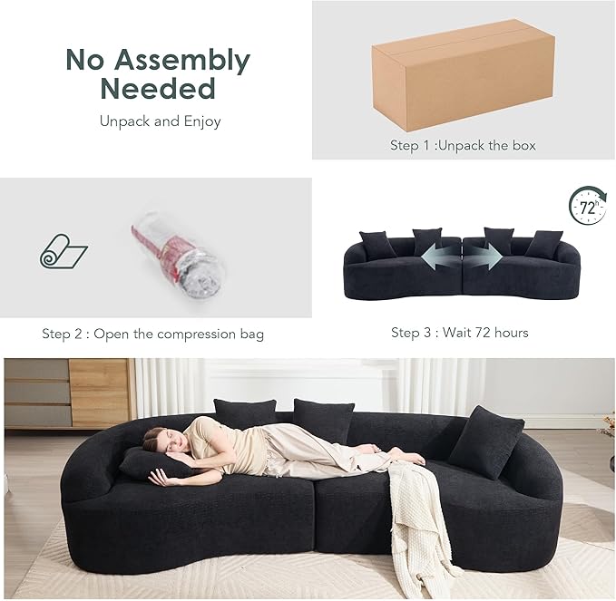 Oversized Sectional Sofa for Living Room 110 Modern Luxury Chenille 4-Seater Extra Deep &amp Wide Seat Curved Cloud Couch with 4 Throw Pillows No Assembly Needed Cream Black