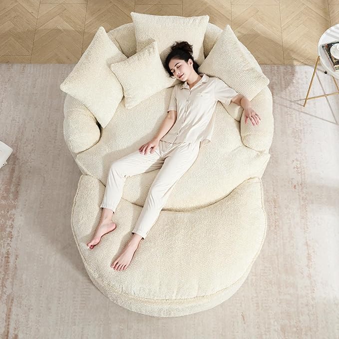 Round Oversized Lounge Chair with Ottoman - Cloud Comfy Boneless Sofa Chair for Living Room Relaxation (Beige Chair and Ottoman)