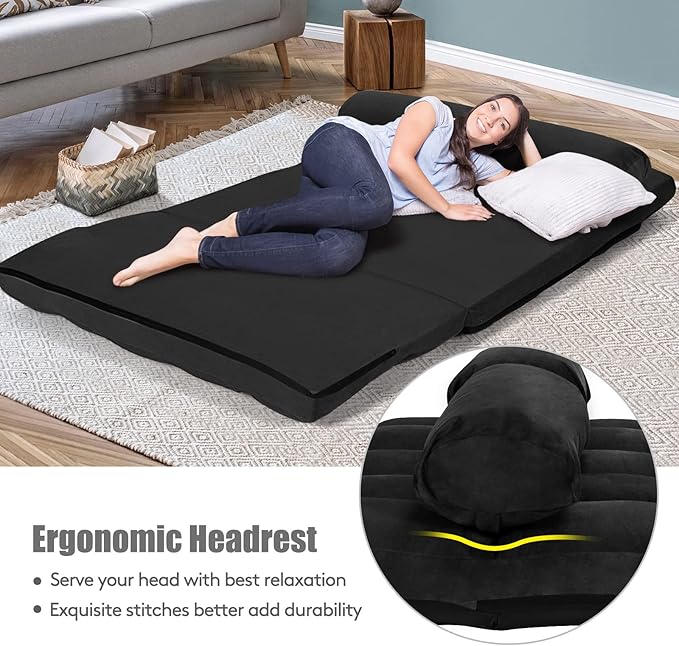 Giantex Adjustable Floor Sofa 6-Position Foldable Lazy Sofa Bed Durable &amp Stable Suede Floor Seating Couch with 2 Pillows (Black)