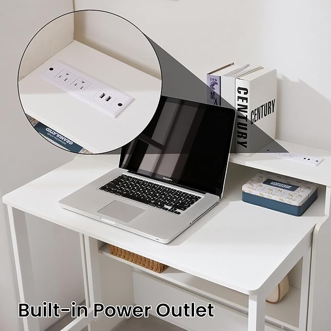 Folding Desk with Charging StationFold Out Desk with Monitor StandStorage ShelfSmall Foldable Computer Desk for Compact Home Office Spaces (White)