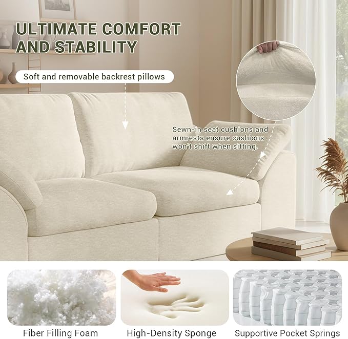 78.8 Cloud Sectional Couch Comfy 2 Seater Boneless Couch with Ottoman No Assembly Required Couches for Living Room Deep Seat Modular Sectional Sofa (Plush Cream White)