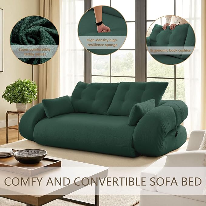 Folding Sofa Bed3-in-1DIY Convertible Sleeper SofaTeddy Velvet Couch with ArmrestFoldable Mattress with Back SupportFoldable Lazy Sofabed 78.7 Human Dog Bed for Living Room BedroomGreen