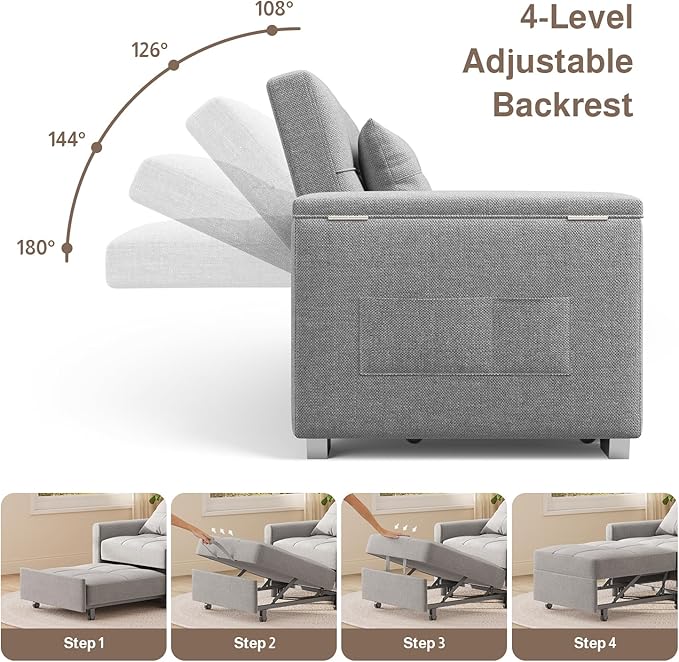 Ahomly 87 Convertible Sofa Bed – Space-Saving Sleeper with Pull-Out Design Adjustable Backrest Wide Armrests with Storage Plush Cushions Cozy for Small Spaces (Light Grey)