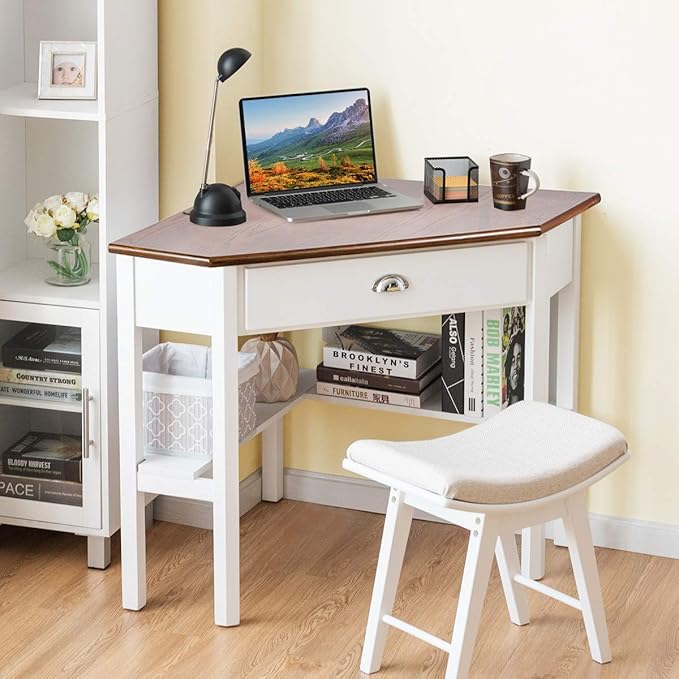 Tangkula Corner Desk Corner Computer Desk with Drawer for Small Space Small Corner Makeup Vanity Desk 90 Degrees Triangle Corner Desk with Storage Shelves (Natural &amp White)