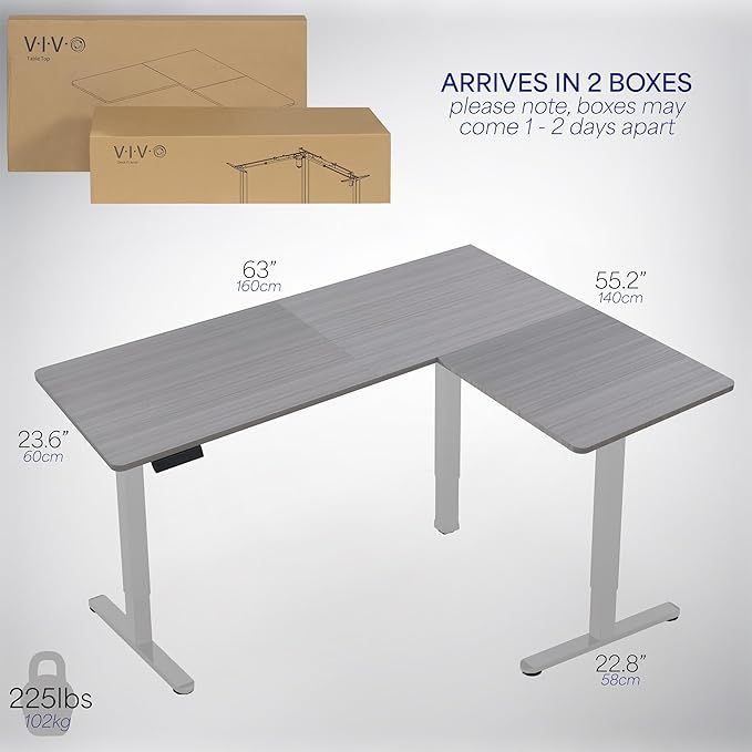 VIVO Corner Standing Desk 63 x 55 inch Reversible L-Shaped Workstation Electric Height Adjustment Home Office and Reception Rooms Dark Gray Table Top Gray Frame DESK-E3CTGG