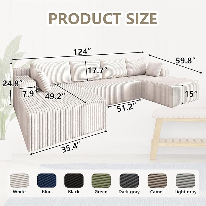 124 U Shaped Cloud Couch Sectional Corduroy Upholstered 4-Seater Cloud Couches for Living Room Deep Seat Modular Boneless Sofa with Lounge Chaise No Assembly Required White