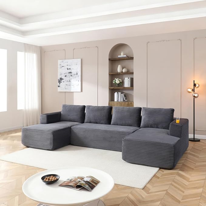 132 Modular Sectional Sleeper Sofa Boneless Cloud Couch for Living Room U Shaped 5 Seat Sofa with 2 Cup Holders Free Combination No Assembly Required (Grey)