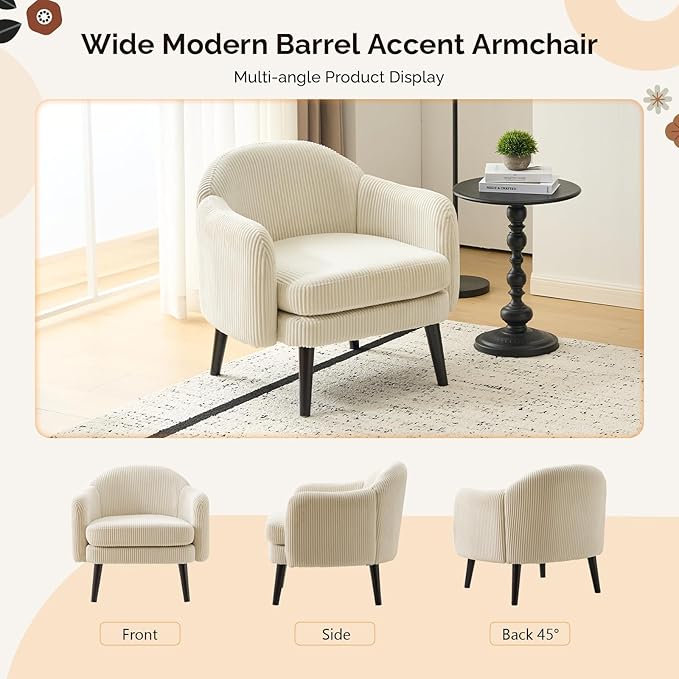 VINGLI 30.3 Wide Modern Barrel Accent Armchair with Track Armrest Solid Wooden Legs Comfy Upholstered Club Chair Round Single Home Sofa for Living Room Bedroom Reading Room Corduroy Beige