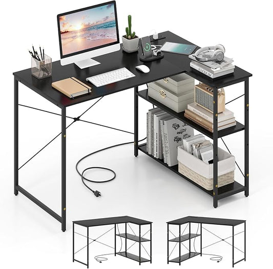 Tangkula L-Shaped Computer Desk with Power Outlets USB &amp Type C Charging Port Reversible Corner Desk with Adjustable Shelf Heavy-Duty Metal Frame Study Writing Table for Home Office