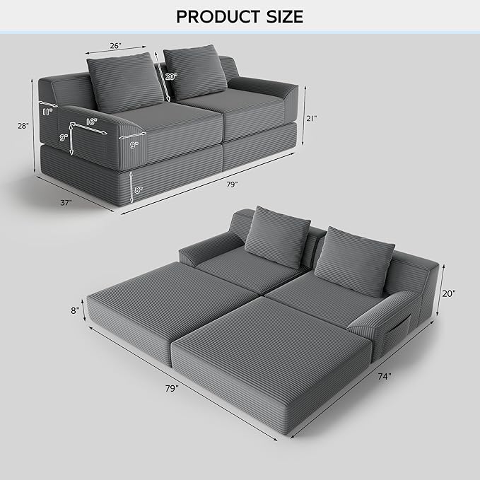 79 Convertible Sofa Bed Upholstered Boneless Couch Loveseat Sleeper with Pull Out Bed Corduroy Futon Couch Floor Folding Sofa Modular Futon Couch for Living Room Bedroom Lounge Grey