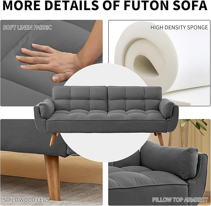 Convertible Futon Sofa Bed Linen Sleeper Couch 75 W Modern 3 Seater Tufted Sofa with Solid Wood Legs and Adjustable Backrests for Small Spaces Living Room Bedroom Dark Gray