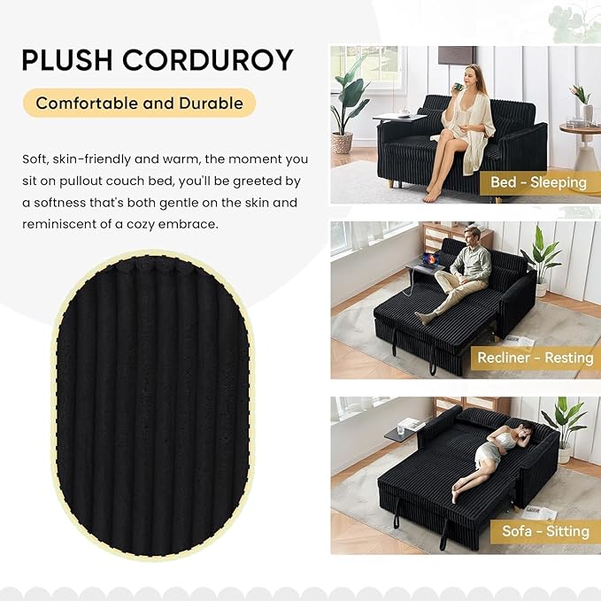 54'' Corduroy 3-in-1 Convertible Sofa Bed Pull Out Sleeper Loveseat Couch with USB Ports &amp Storage Pockets Futon Couches for Small Space Living Room Apartment (Black New)