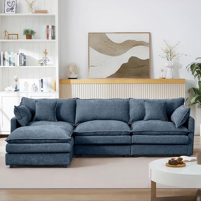 102 Modular Sectional Sofa with Movable Ottoman Convertible L Shaped Chenille Cloud Couch Comfy 3-Seater Deep Seat Sofa Couches for Living Room Bedroom and Apartment (Blue 102)